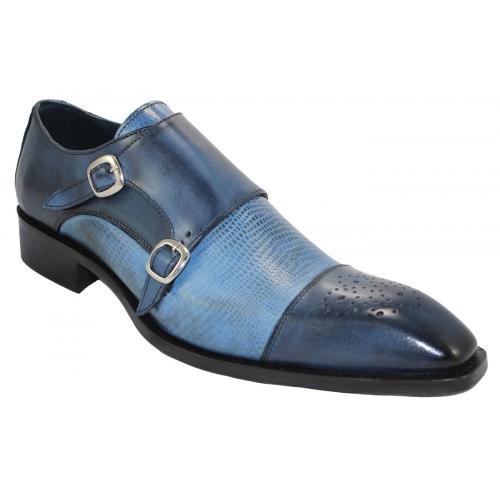Duca Di Matiste 202 Blue Genuine Italian Calfskin / Light Blue Calf Print Shoes With Double Monk Strap.